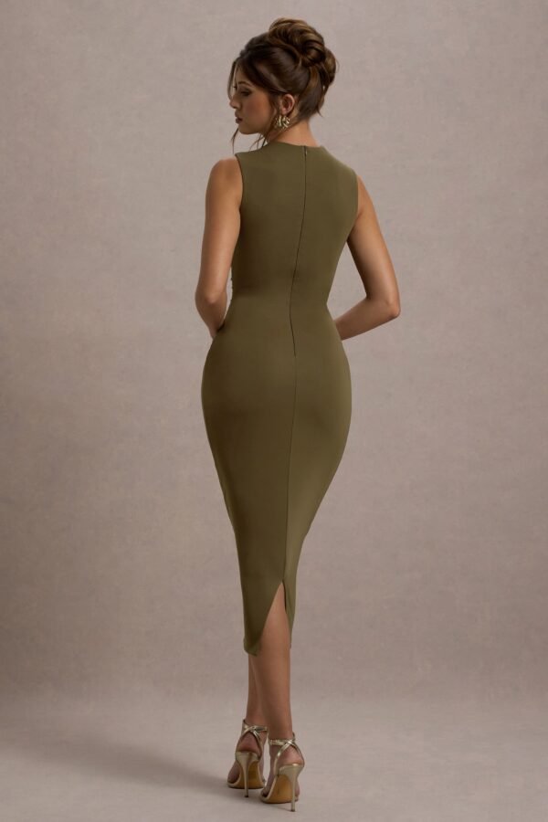 Jemma | Khaki Bodycon Ruched Midi Dress - Image 2