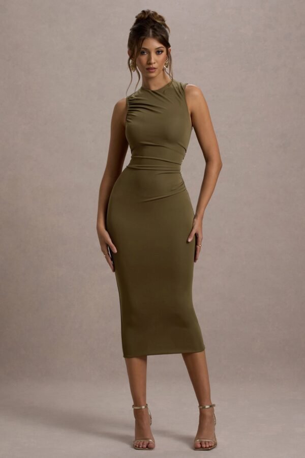 Jemma | Khaki Bodycon Ruched Midi Dress - Image 5
