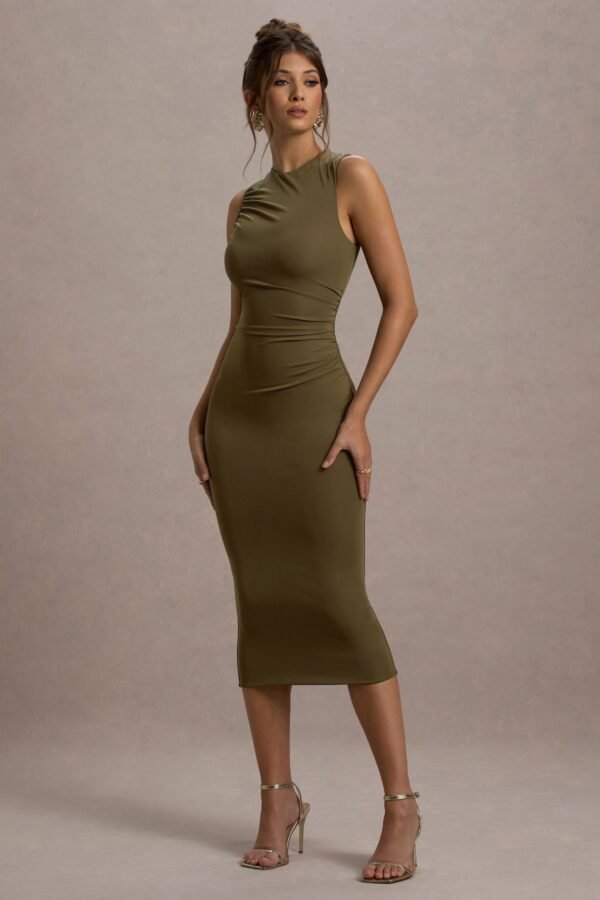 Jemma | Khaki Bodycon Ruched Midi Dress - Image 3
